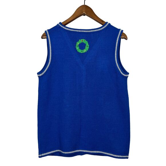 Christmas Sweater Vest Cardigan Knit Button Front Blue White - S - Picture 2 of 6